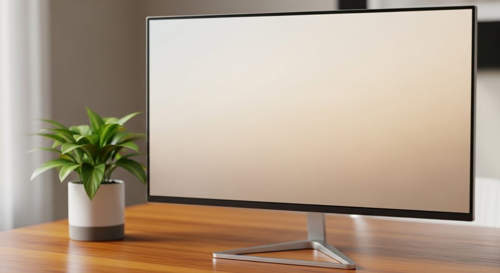 A modern desktop monitor on a wooden table with a beige gradient wallpaper and a small plant beside it.