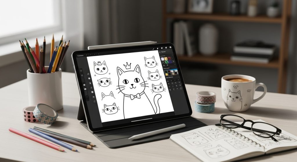 White Background with Doodle Cats: A Minimal Aesthetic for Cat Lovers 8 Image Prompt:
Workspace showing a tablet with customizable doodle cat wallpaper open in a design app, creative tools around, realistic, 2:3 ratio.