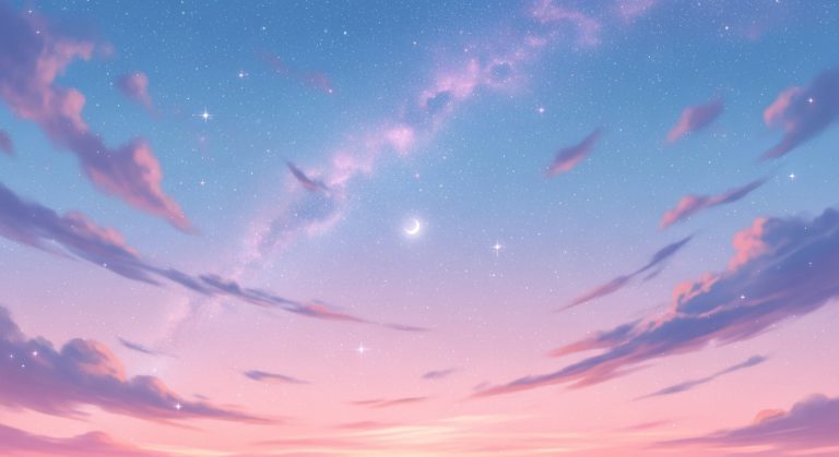 Dreamy galaxy sky with pastel stars in pink, lavender, and blue, creating a calming and aesthetic wallpaper design for screens.