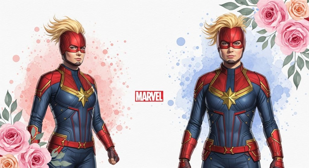 Aesthetic Wallpaper Background Marvel Epic HD Superhero Backdrops 12 “Floral Marvel wallpaper featuring watercolor Captain Marvel with roses and artistic pastel shades.”