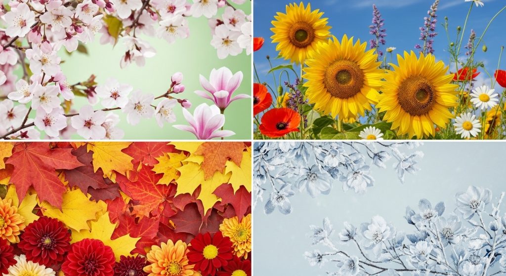Aesthetic Wallpaper Background Floral – Elegant HD Flower Backdrops for Phone & Desktop 9 Seasonal wallpaper collage showing spring blossoms, summer sunflowers, autumn leaves with florals, and winter frosted flowers.