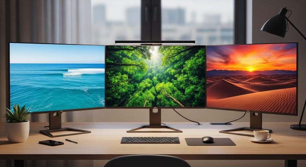 Aesthetic Wallpaper 4K for PC | Stunning Ultra HD Desktop Backgrounds 9 A workspace with three monitors each showing different 4K wallpapers—blue ocean, green forest, and warm desert sunset.