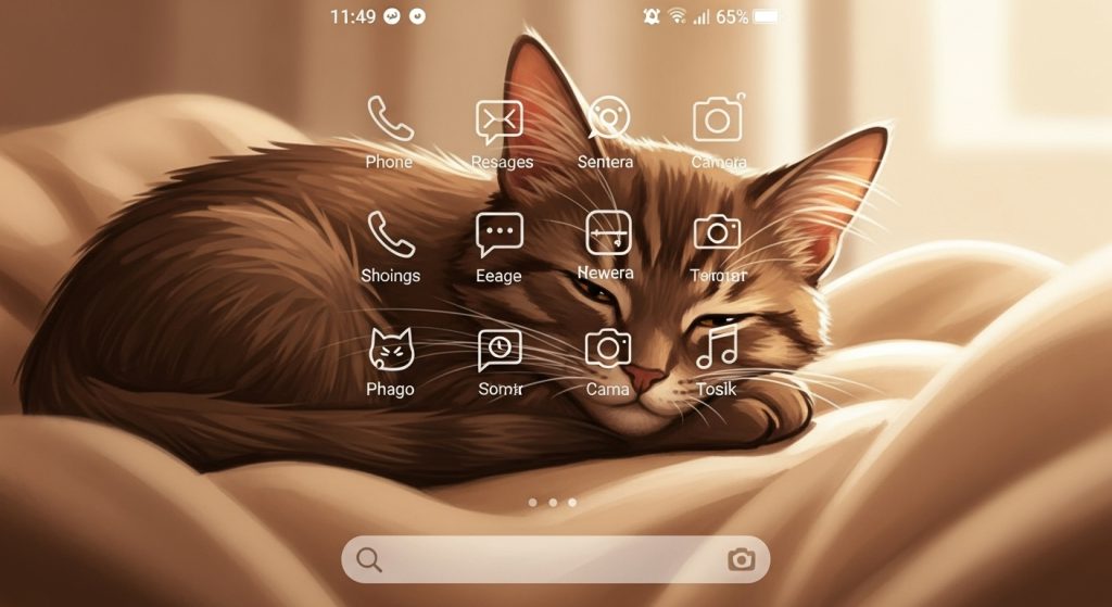 Style Your Screen with Aesthetic Brown Cat Wallpapers 8 “Phone with brown cat wallpaper and beige minimal app icons.”