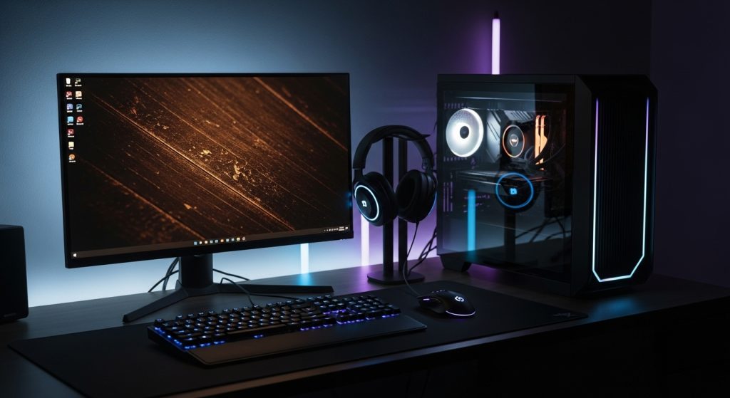 Brown Aesthetic Wallpapers for PC | Warm & Minimal Desktop Backgrounds 7 : A gaming setup in dark mode with glowing LED lights and a deep brown wallpaper on the screen.