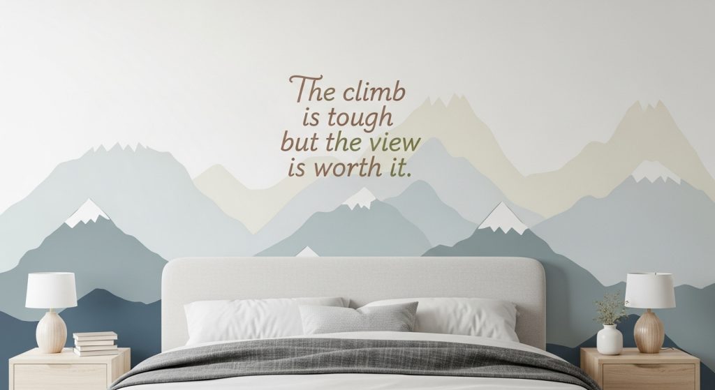 Meaningful Aesthetic Wallpaper Backgrounds Inspiring & Minimal HD Backdrops 3 Bedroom wall featuring a minimalist mountain wallpaper with a motivational quote in soft, elegant fonts.