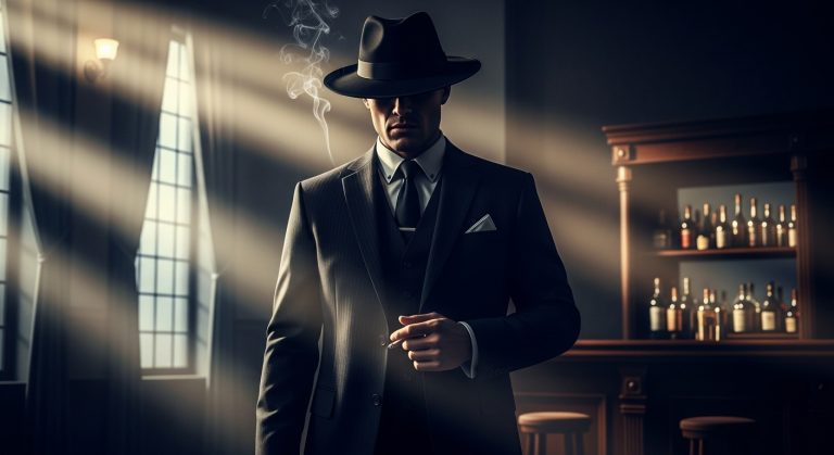 A dark and powerful mafia aesthetic wallpaper showing a mysterious figure in a sleek suit under moody lighting, with smoky shadows and a bold cinematic vibe, perfect for an HD backdrop.