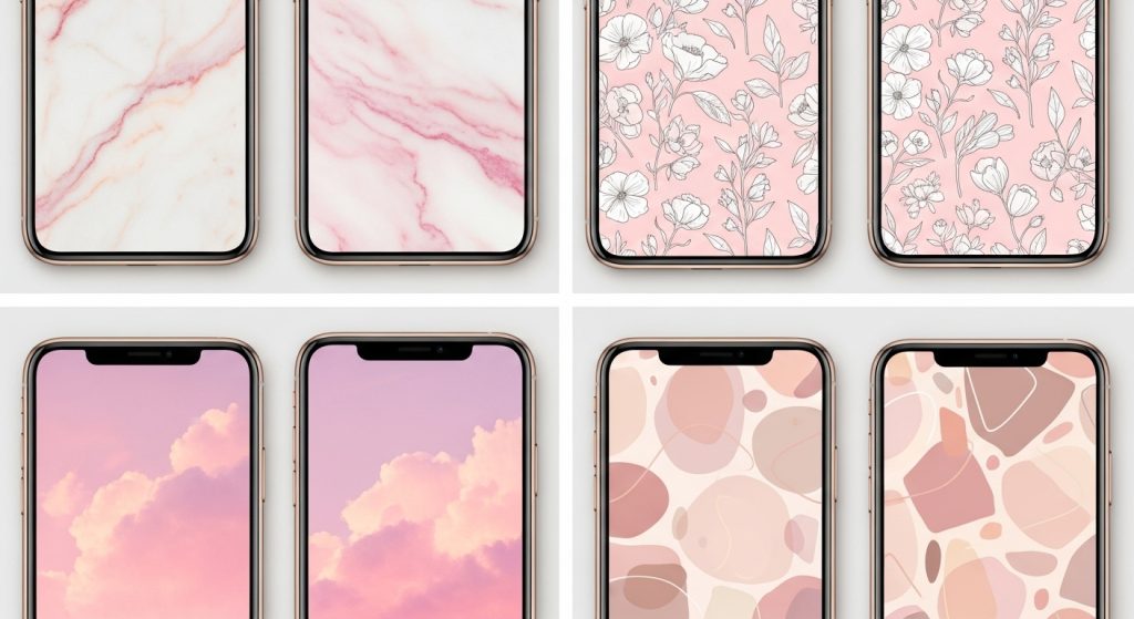 Pastel Pink Aesthetic Wallpapers Soft & Minimal Backgrounds for iPhone 8 Trending wallpaper designs in pastel pink: marble texture, floral sketch, gradient clouds, and abstract shapes on iPhone screens.
