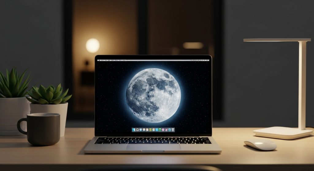 Aesthetic Wallpaper Background Moon Dreamy HD Night Sky Backdrops 9 Modern workspace with a laptop displaying a moon wallpaper, set on a minimalist desk with soft ambient lighting.