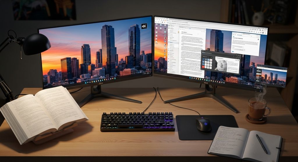 Aesthetic Wallpaper 4K for PC | Stunning Ultra HD Desktop Backgrounds 10 Student desk setup with dual monitors, one showing a motivational 4K city skyline wallpaper and the other with open study apps.