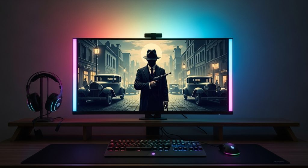Mafia Aesthetic Wallpaper Background Dark & Powerful HD Backdrops 12 Gaming setup with a widescreen monitor showing a mafia aesthetic wallpaper, RGB lights adding contrast.