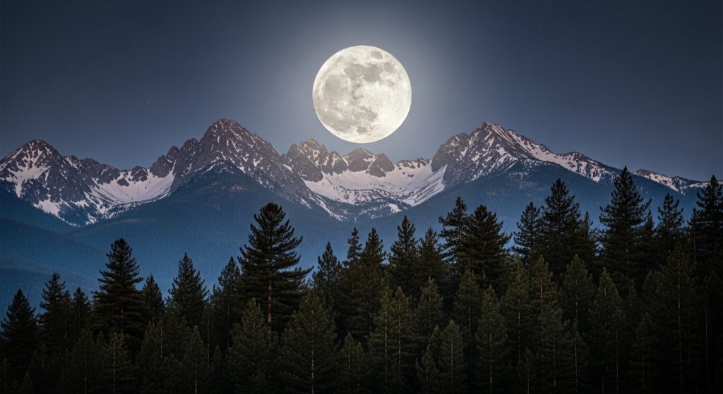 Aesthetic Wallpaper Background Moon Dreamy HD Night Sky Backdrops 6 Wide-angle wallpaper of a full moon shining above a mountain range, with tall pine trees silhouetted in the foreground.