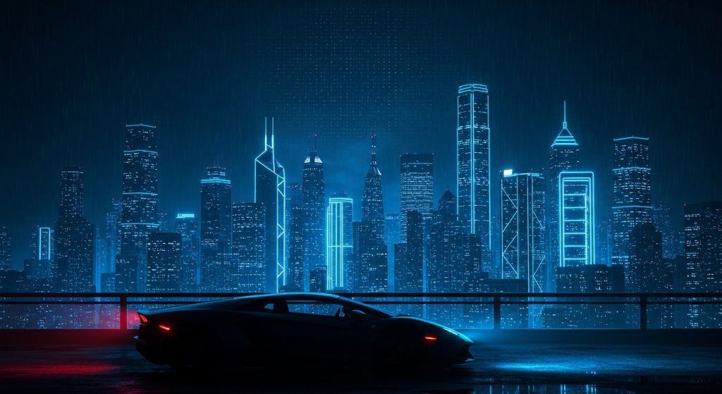 Aesthetic Wallpaper Background Man Bold & Stylish HD Looks 4 Dark aesthetic wallpaper with neon blue highlights, city skyline at night, and a luxury sports car silhouette.