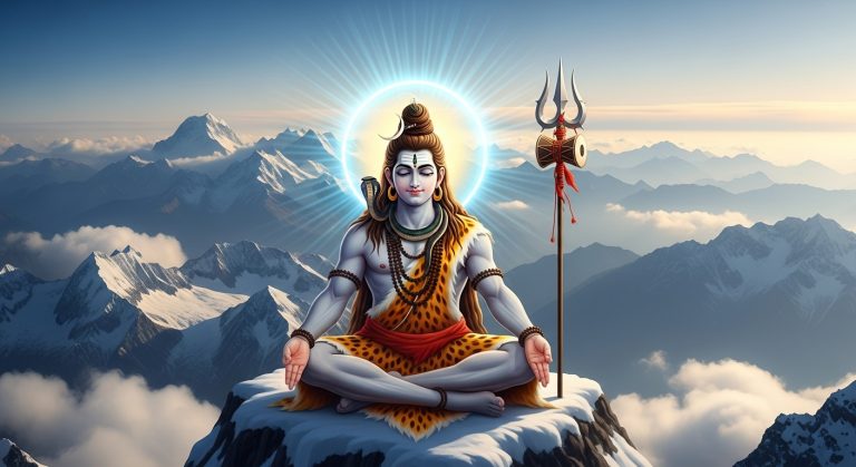 Aesthetic wallpaper background of Mahadev in HD, showing Lord Shiva seated on the Himalayas with a glowing blue aura, crescent moon on his hair, Trishul beside him, and a serene spiritual backdrop.