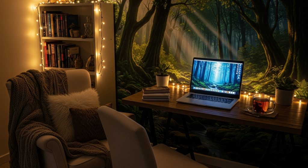 Brings Outdoor Serenity to Your Digital Space: Aesthetic Wallpapers 11 Laptop glowing with calming forest aesthetic wallpaper for outdoor serenity.