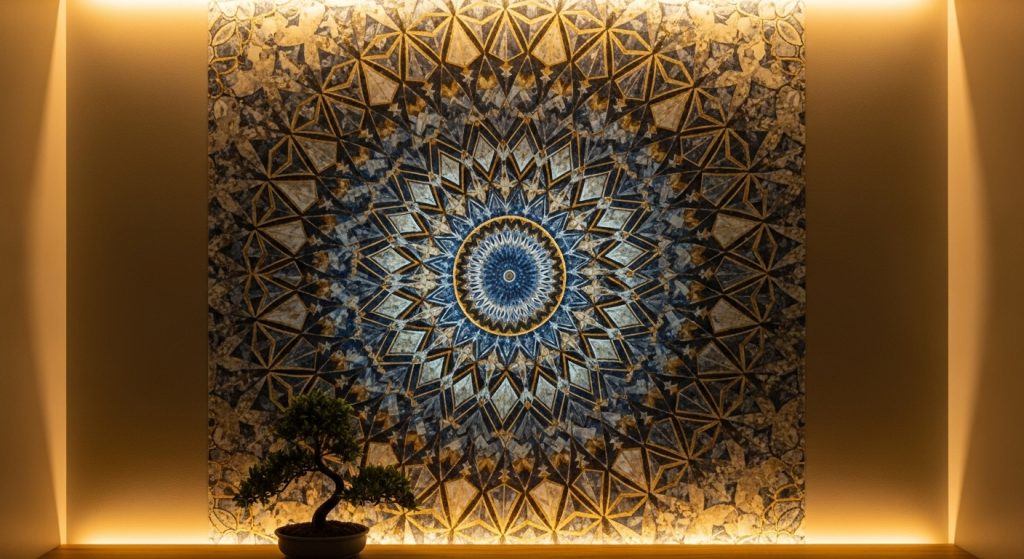 Meaningful Aesthetic Wallpaper Backgrounds Inspiring & Minimal HD Backdrops 9 Meditation room wall featuring a mandala-inspired wallpaper softly glowing under warm ambient lights.