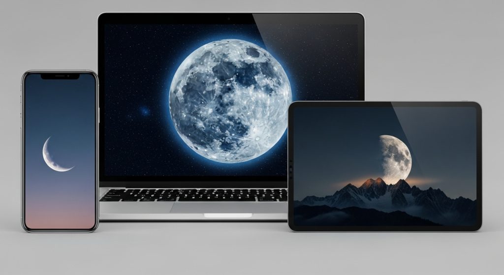 Aesthetic Wallpaper Background Moon Dreamy HD Night Sky Backdrops 13 Collage of a laptop, phone, and tablet, each displaying different moon wallpapers sourced from free HD platforms.