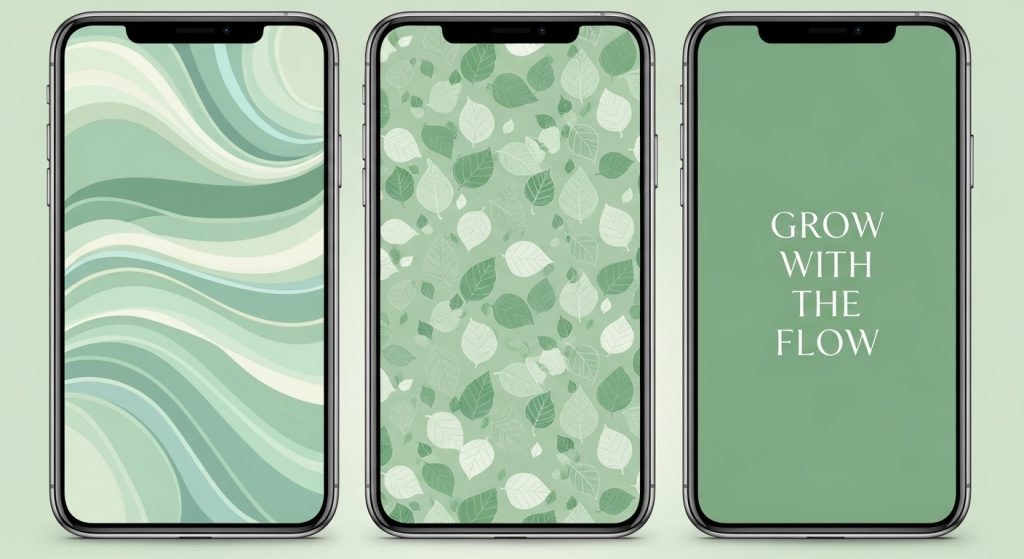 Pastel Green Aesthetic Wallpapers Calm & Minimal iPhone Backgrounds 8 Screenshot-style layout of three pastel green wallpaper options—abstract pastel waves, a leaf-inspired design, and a motivational quote.
