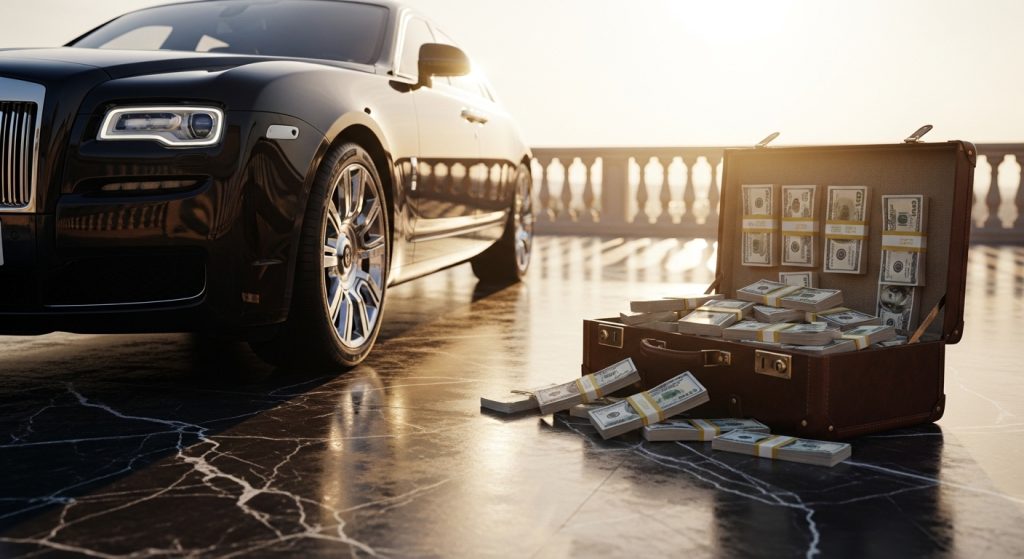 Money Aesthetic Wallpaper Background Luxury & Wealth Vibes in HD 6 Wallpaper showing a luxury car parked next to a suitcase of cash, bathed in golden sunlight.