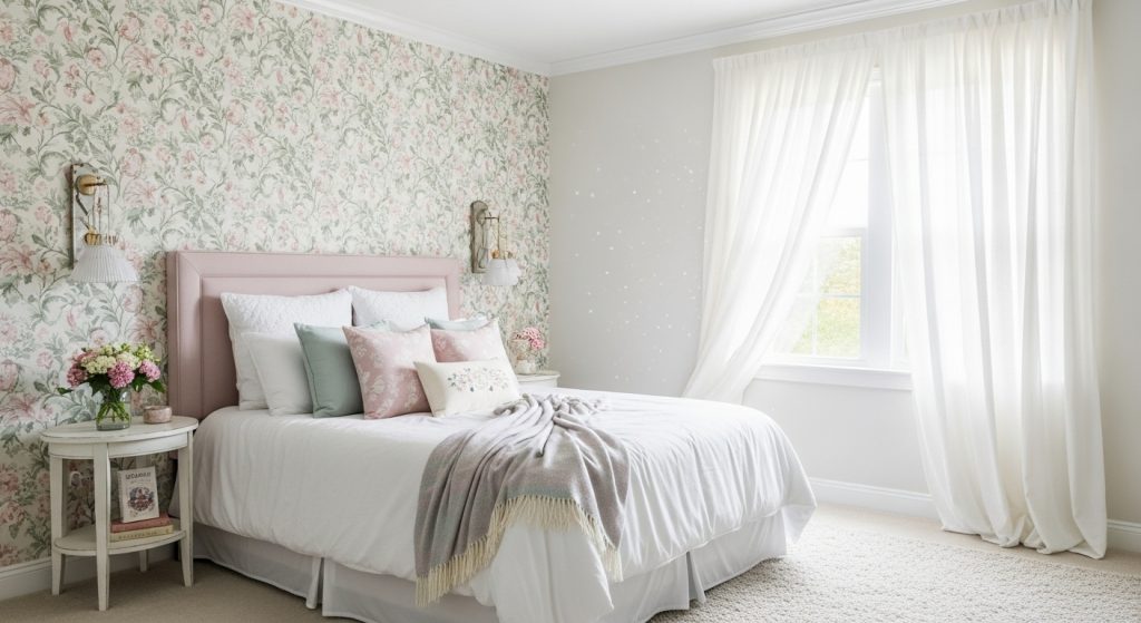Aesthetic Wallpaper Background for Wall – Minimal & Stylish Room Decor Ideas 5 A chic feminine bedroom with floral wallpaper background wall, pastel tones, and natural light coming through sheer curtains.