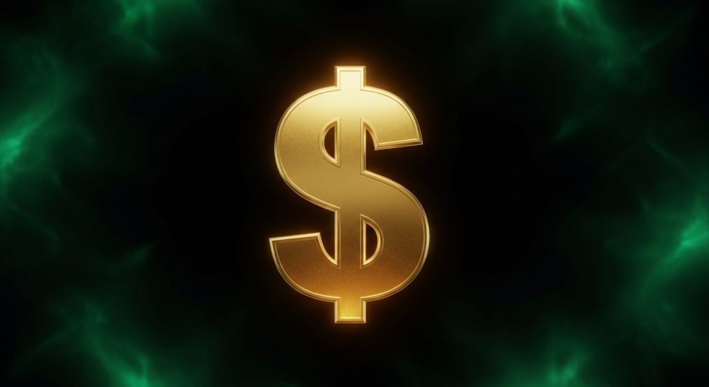 Money Aesthetic Wallpaper Background Luxury & Wealth Vibes in HD 9 : Wallpaper featuring a golden dollar sign glowing against a deep black background with a touch of emerald green light.