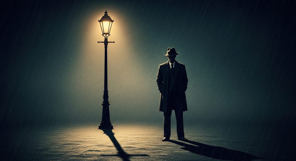 Aesthetic Wallpaper Background Mafia Dark & Powerful HD Backdrops 2 A dark-toned wallpaper with a silhouette of a man in a suit and fedora under a single streetlight, giving strong mafia vibes.