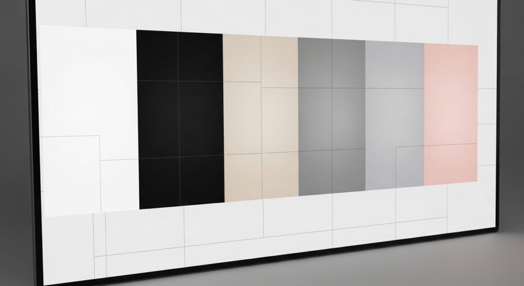  A series of wallpapers displayed on a grid screen, each showing a different minimalist color theme—white, black, beige, gray, and pastel pink.