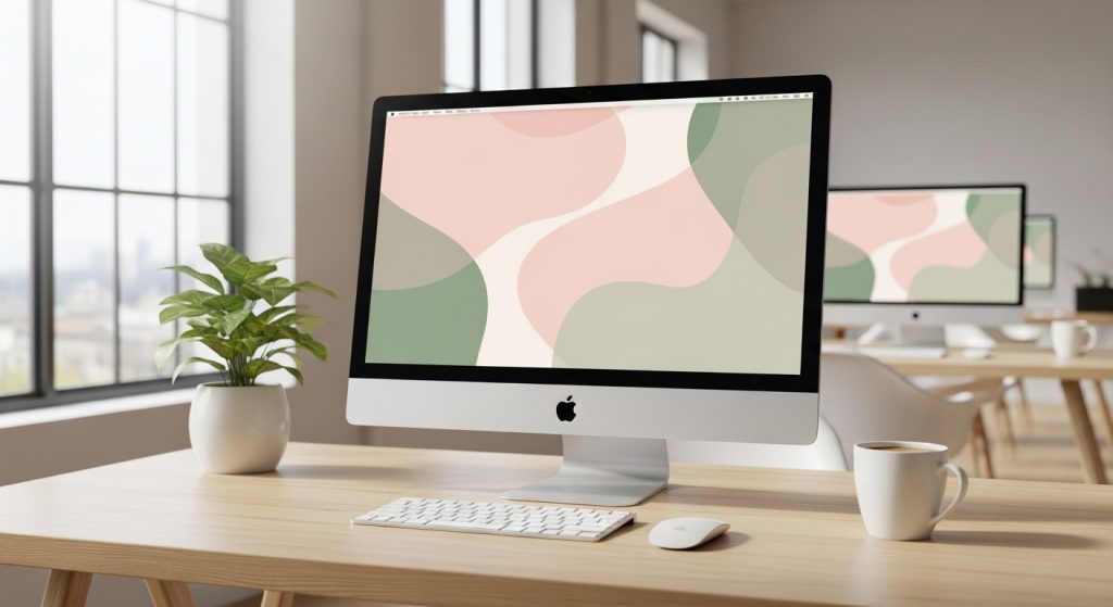 Aesthetic Wallpaper 4K for PC | Stunning Ultra HD Desktop Backgrounds 4 A minimalist pastel pink and green abstract wallpaper displayed on a sleek iMac setup in a bright, clean workspace.