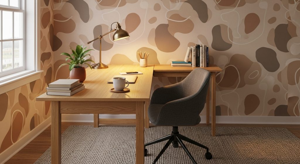Aesthetic Wallpaper Background for Wall – Minimal & Stylish Room Decor Ideas 3 A cozy home office with a modern wallpaper featuring abstract aesthetic background patterns, warm lighting, and a stylish wooden desk.