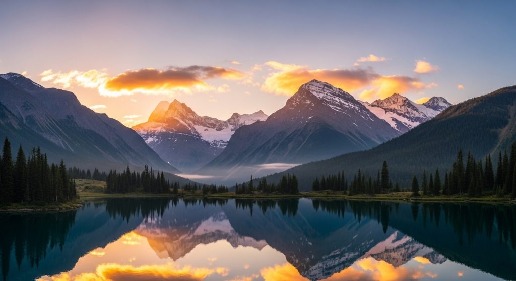 A high-resolution digital wallpaper of a calm mountain range at sunrise with soft golden light reflecting on the peaks.