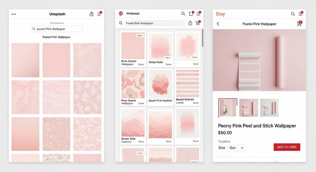 Pastel Pink Aesthetic Wallpapers Soft & Minimal Backgrounds for iPhone 10 Screenshot mockups of Unsplash, Pinterest, and Etsy pages showing pastel pink wallpaper collections.