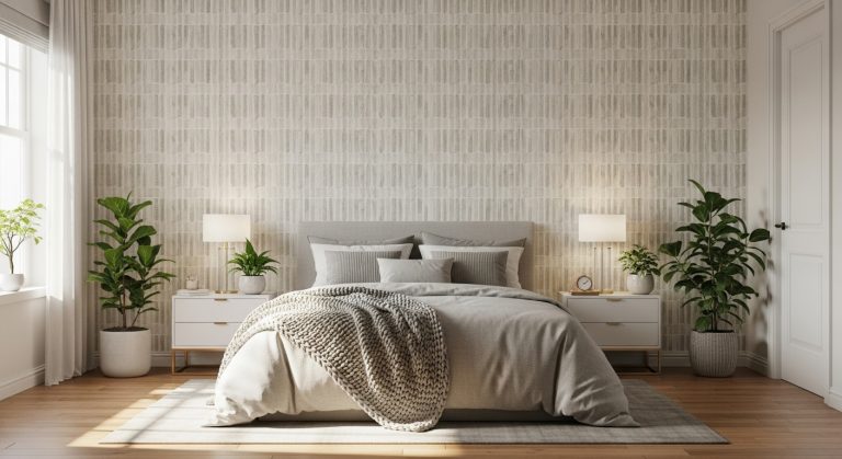 Stylish modern bedroom with an aesthetic wallpaper background wall in soft neutral tones, cozy bed décor, indoor plants, and natural sunlight for a warm, inviting look.