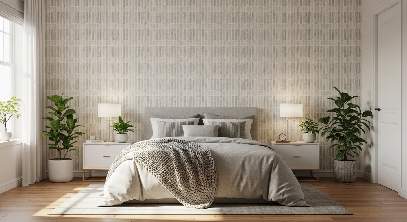 Stylish modern bedroom with an aesthetic wallpaper background wall in soft neutral tones, cozy bed décor, indoor plants, and natural sunlight for a warm, inviting look.
