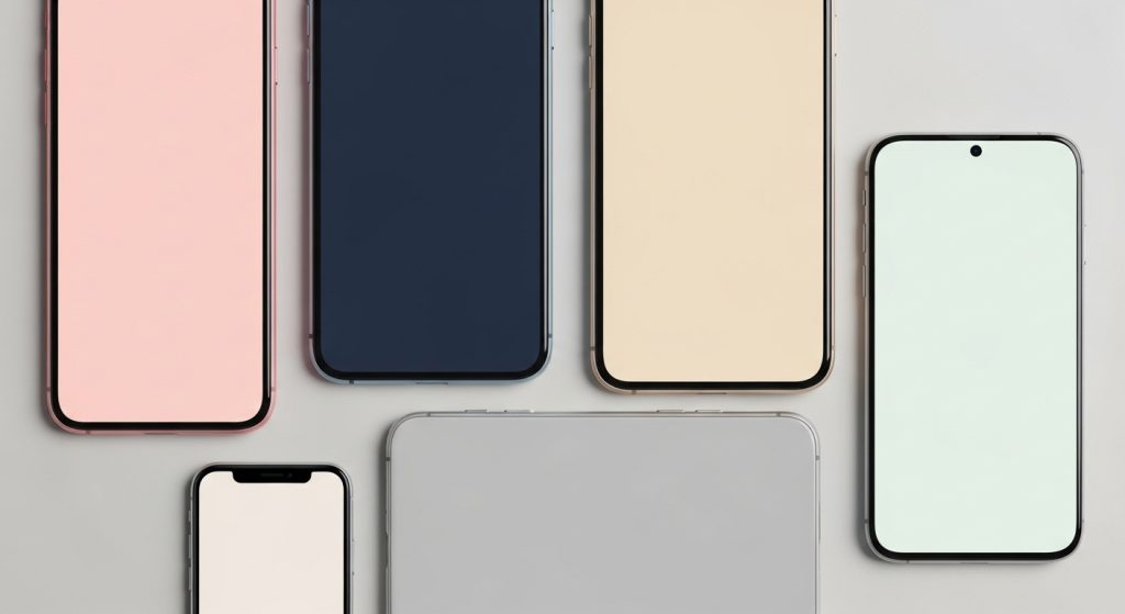Simple Aesthetic Wallpaper Backgrounds: Minimalist Designs for a Calm & Stylish Look 9 A flat lay of phones with different minimal wallpapers—pink pastel, dark navy, and beige cream tones.