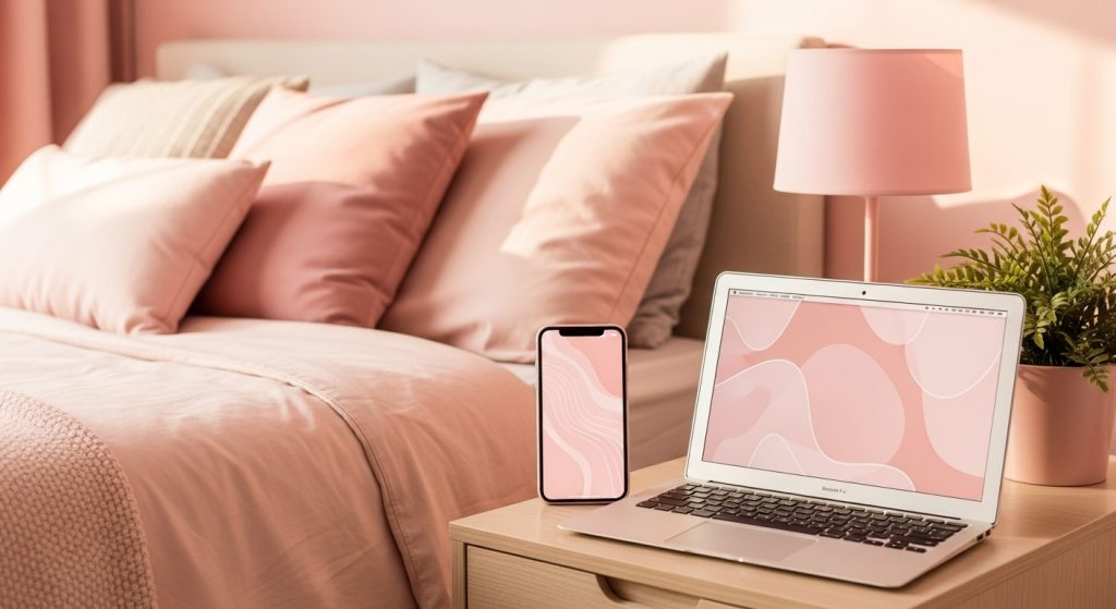Pastel Pink Aesthetic Wallpapers Soft & Minimal Backgrounds for iPhone 12 A cozy bedroom setup with pastel pink décor, where an iPhone and MacBook both display matching pastel pink wallpapers.