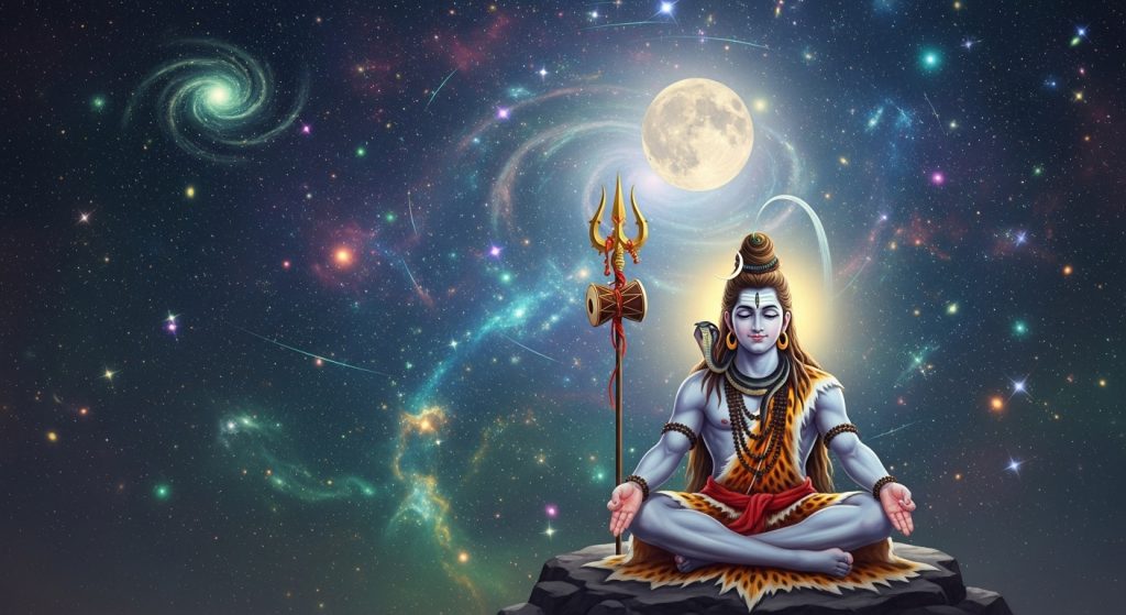 Aesthetic Wallpaper Background Mahadev HD Spiritual Backdrops 11 Prompt: A calming wallpaper of Mahadev sitting in Padmasana under a glowing night sky full of stars.