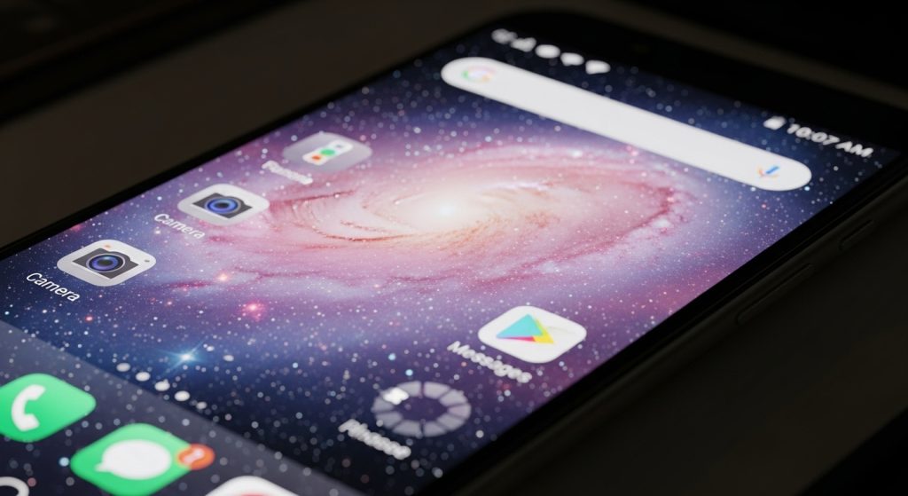 Top Aesthetic Wallpaper Ideas: Galaxy Sky with Pastel Stars 2 Glowing smartphone home screen with dreamy galaxy wallpaper featuring pastel stars in pink, lavender, and baby blue.