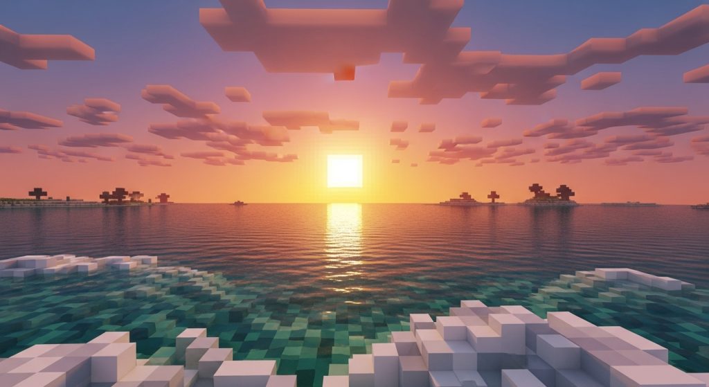 Minecraft Aesthetic Wallpaper Background Cool HD Pixel Art Backdrops 12 : A crystal-clear HD Minecraft wallpaper of a sunset over pixelated ocean waves.