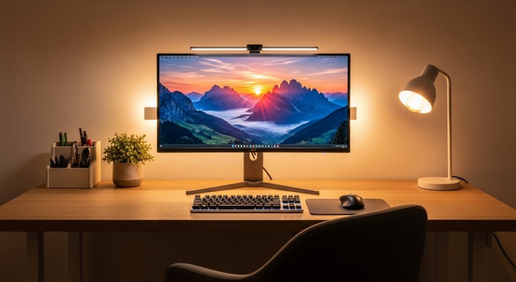 Aesthetic Wallpaper 4K for PC | Stunning Ultra HD Desktop Backgrounds 2 A cozy modern PC setup with a 4K aesthetic wallpaper of mountains at sunrise on the screen, minimal desk accessories, warm ambient lighting.
