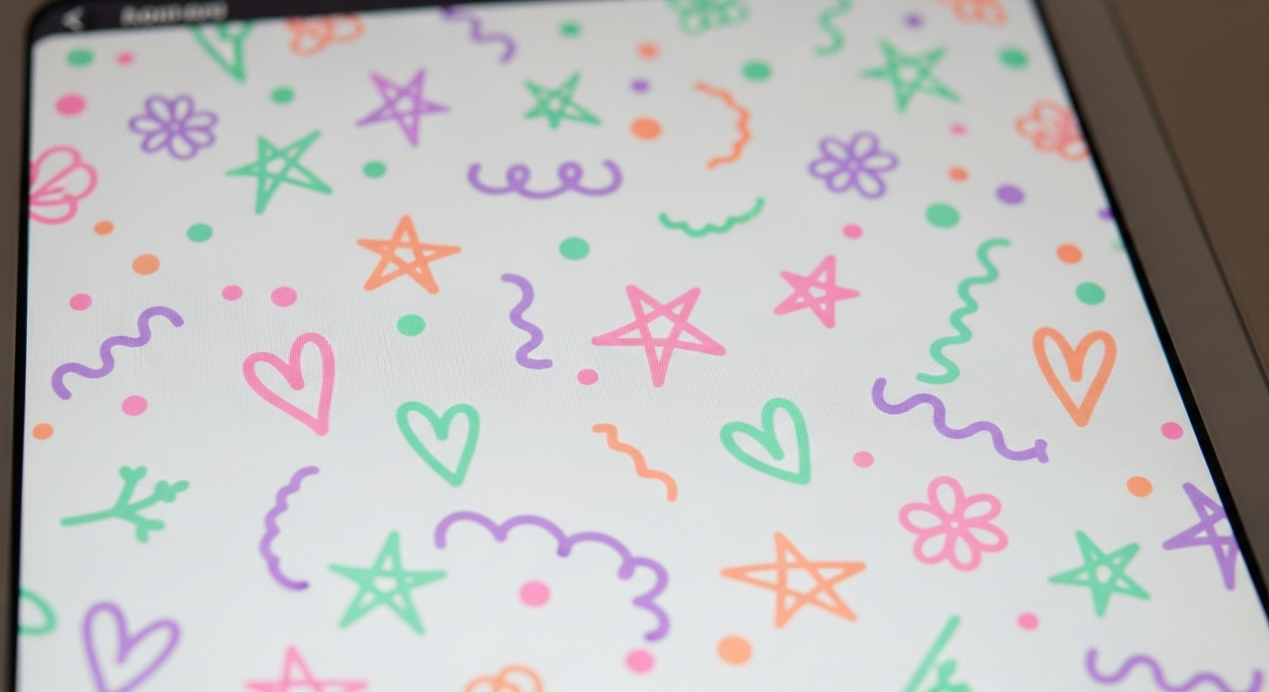 Digital notepad screen decorated with pastel doodles in pink, lavender, mint, and peach, creating a soft and aesthetic wallpaper design.