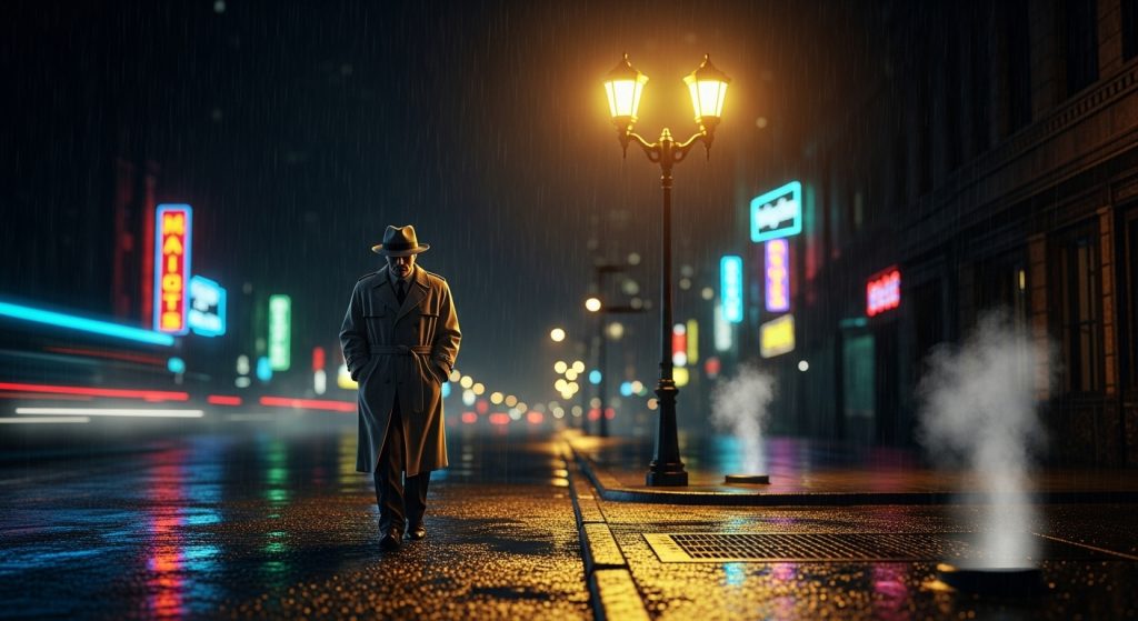 Mafia Aesthetic Wallpaper Background Dark & Powerful HD Backdrops 7 Wallpaper of a rainy city street at night with a mafia man walking under a glowing streetlamp, cinematic storytelling feel.