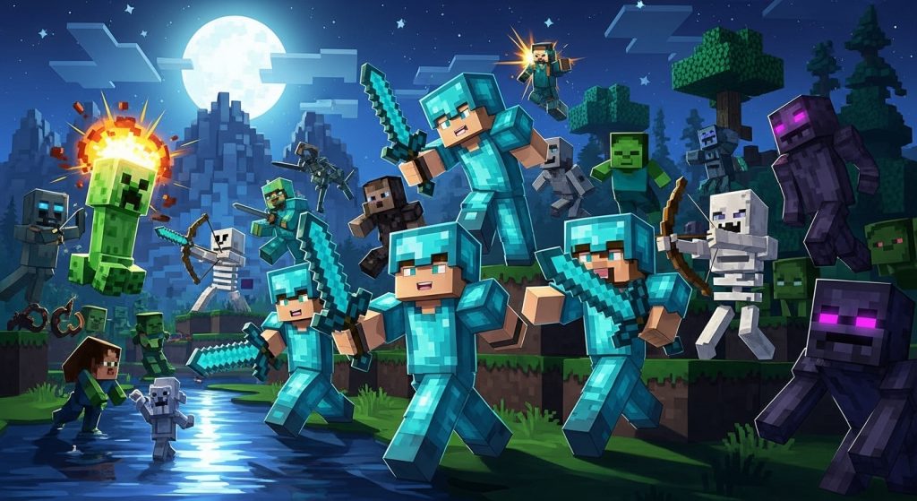 Minecraft Aesthetic Wallpaper Background Cool HD Pixel Art Backdrops 5 A bold Minecraft wallpaper showing players in diamond armor fighting mobs under the moonlight.