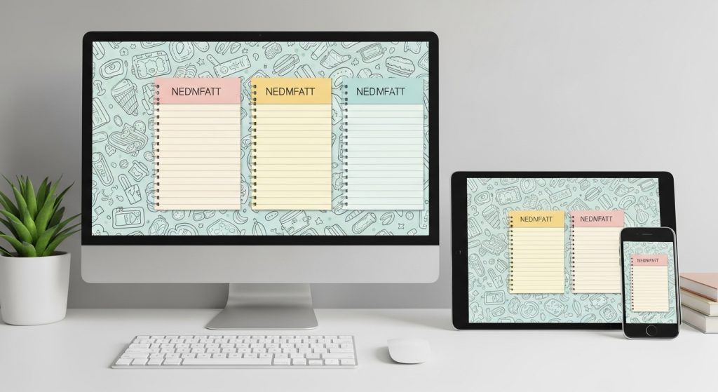 Top Aesthetic Wallpaper: Digital Notepad with Pastel Doodles 8 A workspace setup with a desktop, tablet, and phone all showing matching pastel doodle notepad wallpapers.