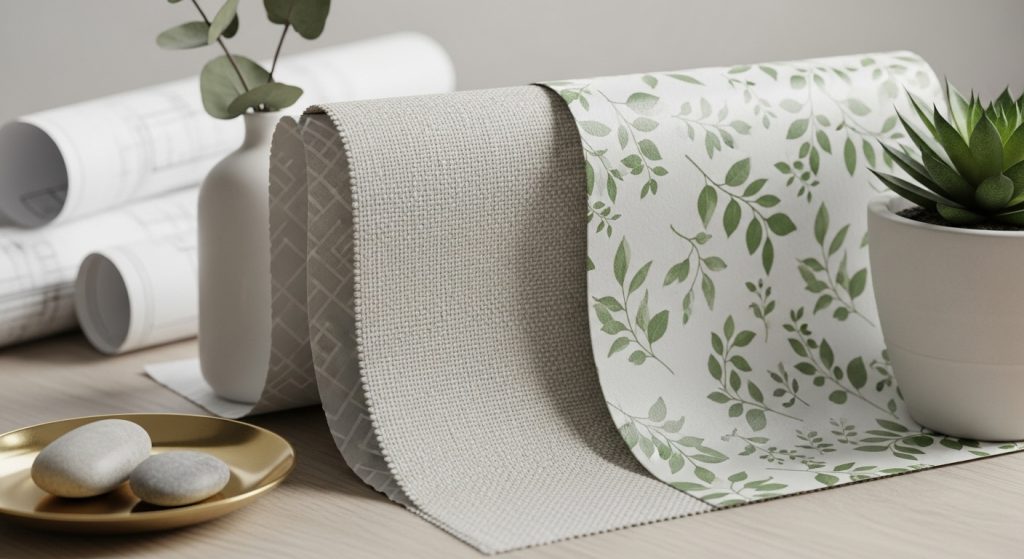 Aesthetic Wallpaper Background for Wall – Minimal & Stylish Room Decor Ideas 8 A close-up of different wallpaper textures – vinyl, fabric, and peel-and-stick – neatly displayed with home décor items around.