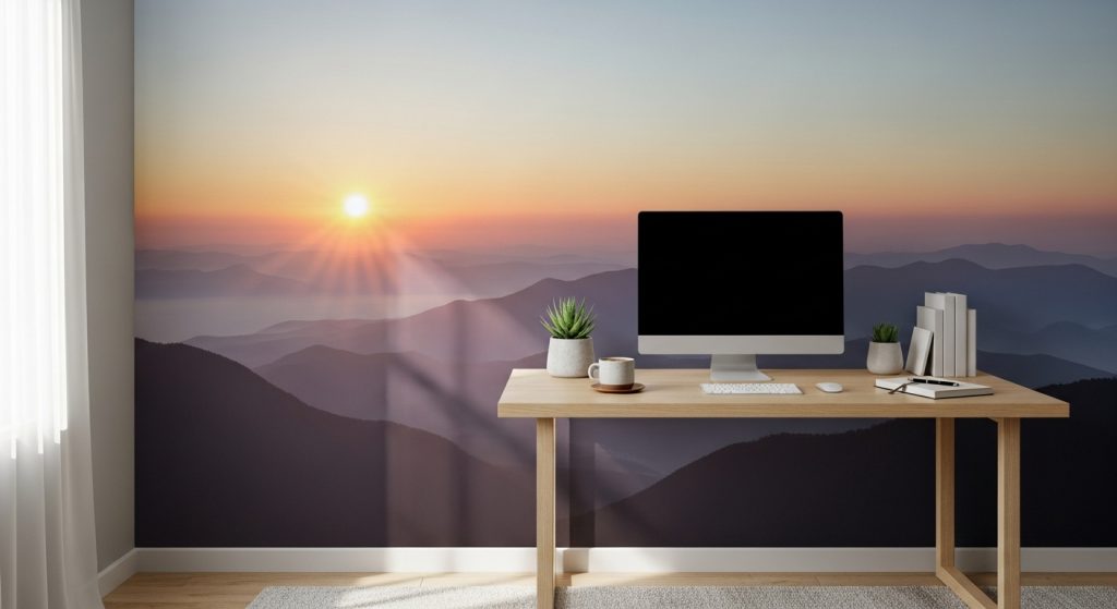 Meaningful Aesthetic Wallpaper Backgrounds Inspiring & Minimal HD Backdrops 2 Calm workspace with a large wall showcasing a soft sunrise wallpaper, symbolizing peace and new beginnings.