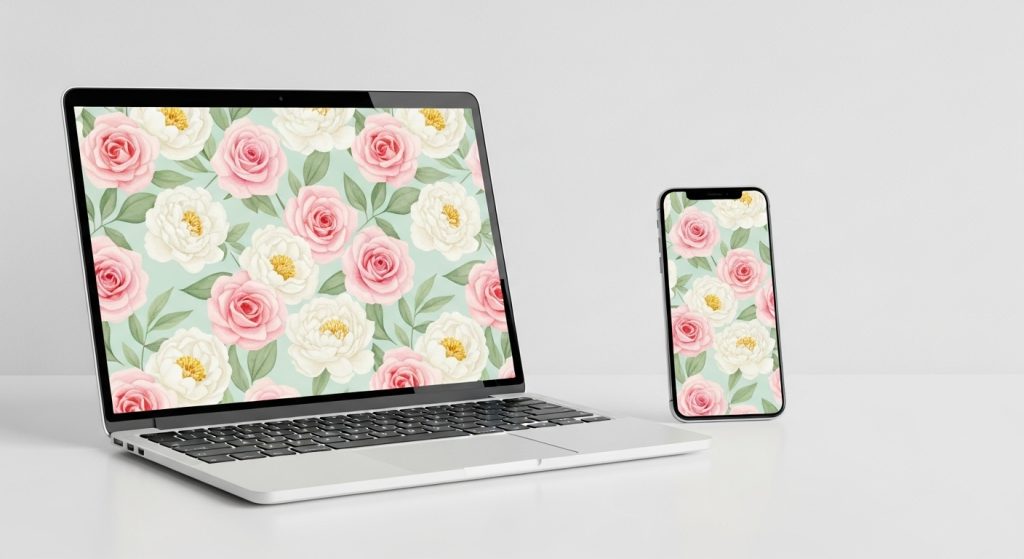 Aesthetic Wallpaper Background Floral – Elegant HD Flower Backdrops for Phone & Desktop 2 High-resolution laptop and smartphone on a clean white desk, both screens displaying pastel floral wallpaper with roses and peonies.