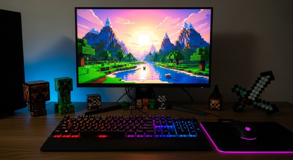 Minecraft Aesthetic Wallpaper Background Cool HD Pixel Art Backdrops 13 Image Prompt: A gaming desk setup with a monitor showing a Minecraft wallpaper, glowing keyboard, and pixel block decorations.
