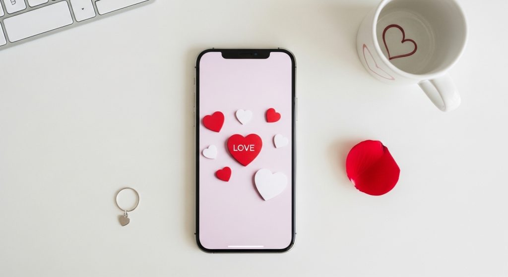 Download Free Aesthetic Love Wallpapers for iPhone Backgrounds 4 A flat-lay of an iPhone on a white desk with a love-themed wallpaper showing minimalist red and white hearts in soft pastel tones.