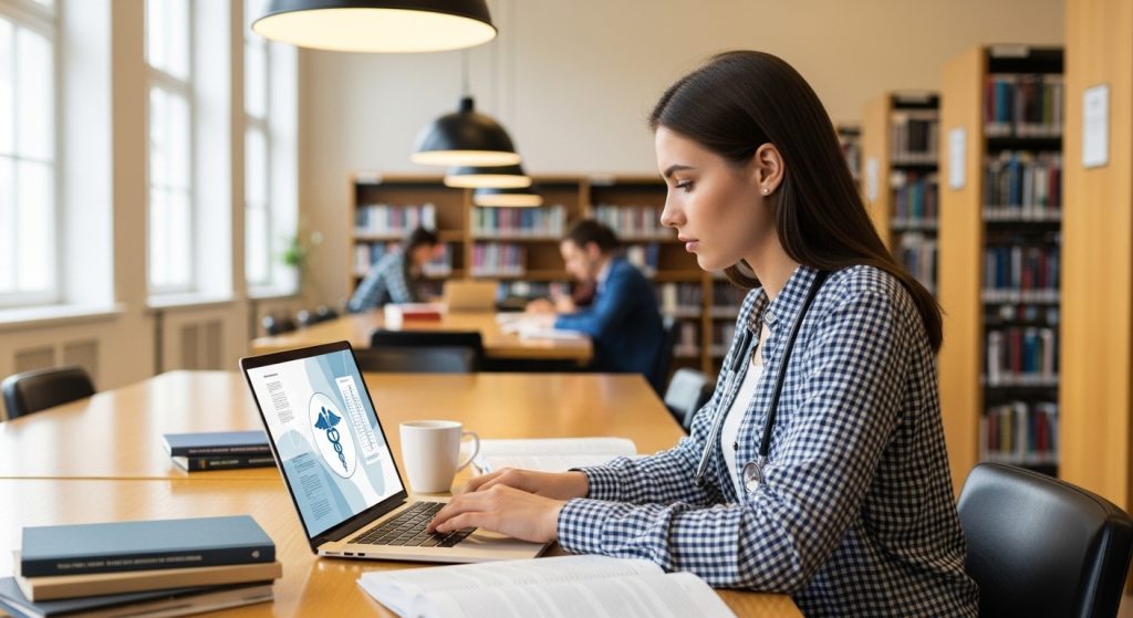 Medico Aesthetic Wallpaper Background Minimal & Professional Vibes 5 A young medical student using a laptop with a clean medico wallpaper background in a library.