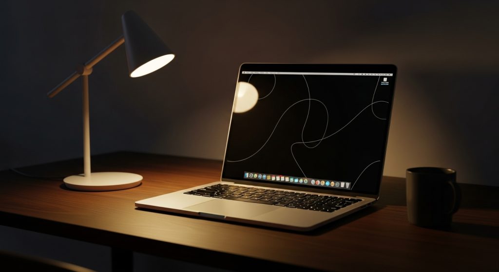 Aesthetic Black Wallpapers for PC | Minimalist & Stylish Desktop Backgrounds 6 Laptop showing black wallpaper in a cozy low-light workspace.