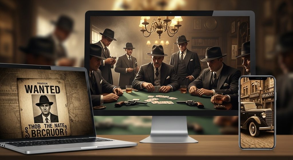 Aesthetic Wallpaper Background Mafia Dark & Powerful HD Backdrops 11 HD mafia wallpaper shown on multiple screens—laptop, desktop, and smartphone.